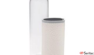 Botella publicitaria de vidrio de borosilicato con funda de PU texturizad